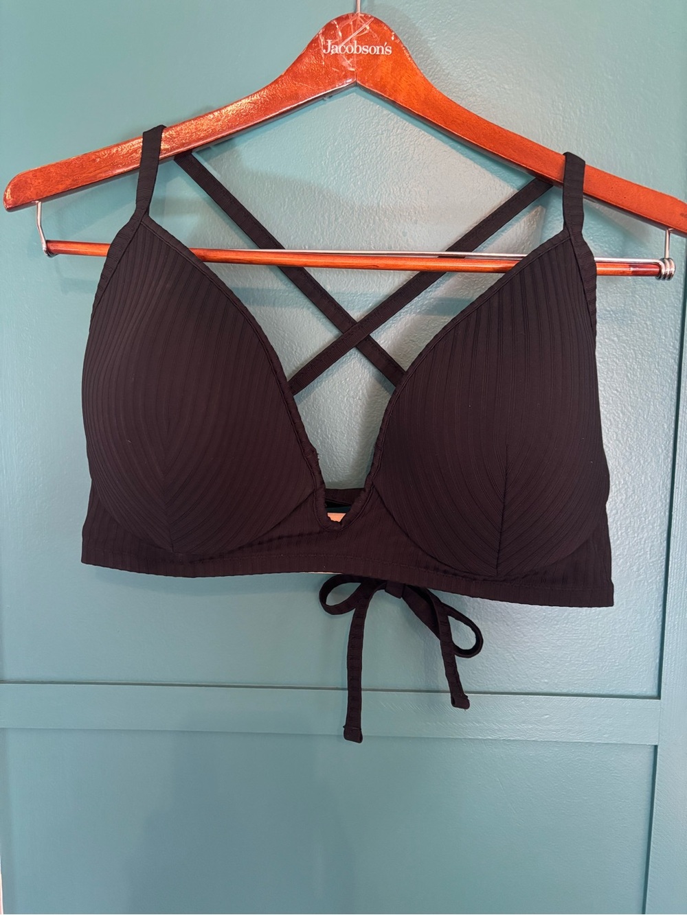 Shade & Shore Black Ribbed Crisscross Tie-Front Bralette 38 DD